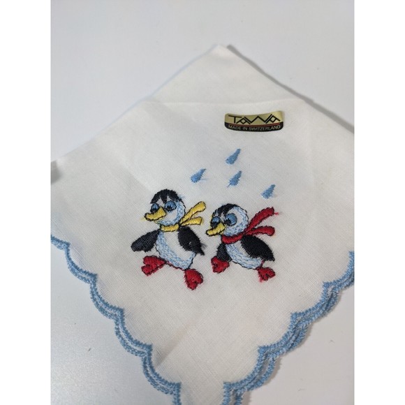Vintage Penguins Hanky Handkerchief Pocket Scarf Blue Scalloped Edges Red Yellow - Picture 1 of 7